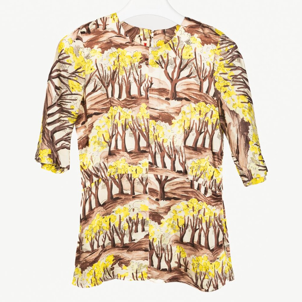 Marni AW/13 Brown & Yellow Forest-Print Viscose 3/4-Sleeve Blouse